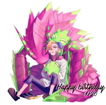 Rule 34 | 1boy, armalizamon, armor, black pants, blonde hair, blue hair, digimon, digimon (creature), digimon beatbreak, evolutionary line, full body, gecko, gekkomon, glass, group picture, jacket, kekomon, lizard, male focus, one eye closed, pants, pink armor, purple eyes, risyo, round eyewear, simple background, tenma tomoro, white background, white jacket