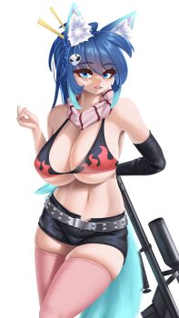 Rule 34 | 1girl, absurdres, animal ear fluff, animal ears, aqua hair, aqua tail, bikini, black gloves, black shorts, blue eyes, blue hair, breasts, cleavage, cosplay, fox ears, fox girl, fox tail, gloves, gun, hair ornament, hair stick, highres, huge breasts, large breasts, latex bikini, navel, original, ponytail, rifle, scarf, shorts, sniper rifle, swimsuit, tail, takie arts, thick thighs, thighhighs, thighs, weapon, white background, yoko littner