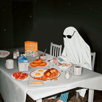 1other absurdres bagel blue_pajamas bowl cereal cereal_box chair commentary cup drink_carton food fried_egg ghost_costume highres indoors jam jar kome_non milk milk_carton mug original other_focus pajamas pancake plate salt_shaker sheet_ghost sitting solo spoon striped_clothes striped_pajamas sunglasses symbol-only_commentary table