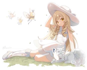 Rule 34 | 1girl, alolan form, alolan vulpix, bare shoulders, blonde hair, blunt bangs, boots, braid, bug, closed eyes, closed mouth, collared dress, commentary request, cutiefly, dress, fox, gen 7 pokemon, green eyes, hat, heavnn3, highres, insect wings, lillie (pokemon), long hair, looking at viewer, nintendo, pokemon, pokemon (creature), pokemon sm, ribombee, sleeveless, sleeveless dress, sun hat, sundress, twin braids, white boots, white dress, white fur, white hat, wings