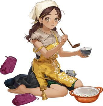 1girl apron bad_link bandana barefoot bell black_skirt boots brown_eyes brown_hair brown_shirt burnt_clothes cooking_pot dark-skinned_female dark_skin elephant floral_print food full_body kantai_collection ladle long_hair looking_at_viewer multicolored_hair official_art oven_mitts porridge sash shirt sitting skirt solo streaked_hair sumino_(c2_kikan) thonburi_(kancolle) thonburi_(nanakusagayu)_(kancolle) transparent_background unworn_overn_mitts wariza white_bandana yellow_apron yellow_sash