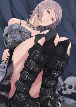 1girl absurdres bare_shoulders black_boots black_nails black_skirt black_thighhighs boots breasts chain chain_necklace chainsaw_man closed_mouth dakaeya earrings fami_(chainsaw_man) goth_fashion grey_hair highres jewelry looking_at_viewer medium_breasts miniskirt mole multiple_earrings nail_polish necklace off-shoulder_shirt off_shoulder pinstripe_pattern pinstripe_shirt red_eyes shirt short_hair skirt skull solo spaghetti_strap thighhighs torn_clothes torn_thighhighs
