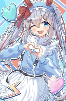 1girl animal_ears apron blue_eyes blue_hairband blue_jacket blush ear_covers fang frilled_apron frills grey_hair grey_tail hair_between_eyes hair_ornament hairband headband headdress heart heart_hands highres horse_ears horse_girl horse_tail jacket jersey_maid lightning_bolt lightning_bolt_hair_ornament lightning_bolt_symbol long_hair long_sleeves looking_at_viewer maid maid_apron maid_headdress multicolored_hair one_eye_closed open_mouth red_hair smile solo streaked_hair tail tamamo_cross_(umamusume) track_jacket twintails umamusume umamusume:_cinderella_gray unconventional_maid user_njyp2785 very_long_hair waist_apron white_apron