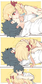 1boy 1girl azumi_(myameco) black_hair blonde_hair closed_eyes commentary_request ereshkigal_(fate) ereshkigal_(swimsuit_beast)_(fate) fate/grand_order fate_(series) fujiwara_no_mokou girl_on_top long_hair one-piece_swimsuit red_eyes short_hair sleeping swimsuit yellow_background