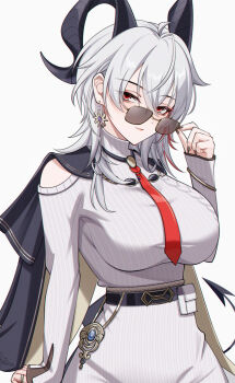 1girl ahoge black_horns black_jacket black_nails black_tail breasts closed_mouth clothing_cutout commentary_request cowboy_shot curled_horns demon_tail dress earrings fingernails grey_dress grey_hair hair_between_eyes highres horns jacket jacket_on_shoulders jewelry large_breasts light_smile long_fingernails long_hair looking_at_viewer multicolored_hair nail_polish necktie official_alternate_costume red_eyes red_necktie shoulder_cutout solo streaked_hair sweater sweater_dress tail uriuritei wuthering_waves zani_(downtown_repose)_(wuthering_waves) zani_(wuthering_waves)