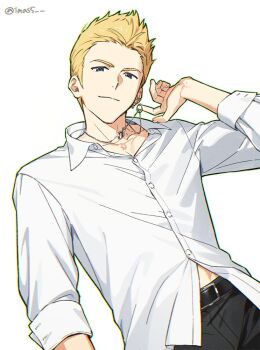 1boy belt belt_buckle black_belt blonde_hair blue_eyes buckle buttons character_request closed_mouth collared_shirt copyright_request dress_shirt dutch_angle hand_up imas5 jewelry looking_at_viewer male_focus necklace ring ring_necklace shirt simple_background smile solo three-quarter_sleeves twitter_username white_background white_shirt