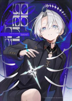 1boy bishounen black_coat black_shirt black_shorts blue_eyes cawasemi_teu coat collared_shirt commentary_request earrings grey_hair highres jewelry long_sleeves looking_at_viewer male_focus open_clothes open_coat original parted_bangs parted_lips ring shirt short_hair shorts