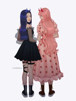 2girls aegyo_sal aqua_eyes asian back black_dress black_sleeves blue_boots blue_eyes blue_hair blue_horns blunt_bangs blunt_ends boots closed_eyes darling_in_the_franxx dress eyelashes fashion food_print frilled_dress frills fruit_print full_body heterochromia highres holding_own_hand horns leg_tattoo lirika_matoshi_strawberry_dress long_dress long_hair long_sleeves looking_at_viewer looking_back multiple_girls off-shoulder_dress off_shoulder pantyhose parted_bangs pink_dress pink_hair puffy_long_sleeves puffy_short_sleeves puffy_sleeves red_boots red_horns see-through_clothes see-through_sleeves short_dress short_sleeves simple_background small_horns snake_tattoo standing straight_hair strawberry_print tattoo thick_eyebrows thick_lips thigh_strap twitter_username umi_(zeebythesea) very_long_hair wavy_hair white_background zeebythesea zero_two_(darling_in_the_franxx)