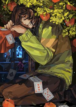 1boy 1girl 1other apple axe brown_eyes brown_hair card deltarune floating_card food fruit head_on_table highres k0konattsu kneeling kris_(deltarune) looking_at_viewer other_focus playing_card ralsei shirt striped_clothes striped_shirt susie_(dark_world)_(deltarune) susie_(deltarune) table utdr_(toby_fox)