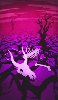 akitaken_(non_faciem) animal_skull bare_tree blurry bone cloud commentary crack depth_of_field desert fate/grand_order fate_(series) no_humans official_art outdoors pink_sky pink_theme ribs scenery sky still_life third-party_source tree vignetting