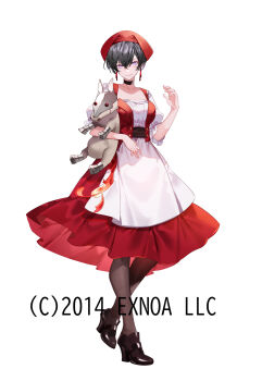 1girl animal animal_hug apron black_boots black_hair boots breasts brown_pantyhose character_request chibi closed_mouth dress earrings full_body hand_up headscarf high_heel_boots high_heels highres horse jewelry looking_at_viewer medium_breasts official_art oshiro_project:re pantyhose pleated_dress puffy_short_sleeves puffy_sleeves purple_eyes red_dress red_eyes short_hair short_sleeves simple_background smile solo standing standing_on_one_leg white_apron white_background yuuki_kira