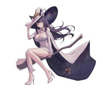 1girl absurdres animal_ear_fluff animal_ears bare_legs bare_shoulders black_hair bow breasts broom cape cat_ears cat_girl cat_tail cleavage commission detached_sleeves dress ears_through_headwear hand_on_headwear hat high_heels highres holding holding_broom large_breasts long_hair long_sleeves looking_at_viewer original shoes side_slit simple_background smile solo strapless strapless_dress tail tail_bow tail_ornament thighs very_long_hair white_background white_cape white_dress white_hat white_shoes witch_hat yellow_eyes ysoa26