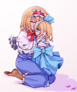 2girls absurdres age_difference alice_margatroid alice_margatroid_(pc-98) blonde_hair blue_dress blue_hairband blue_skirt blush boots brown_boots capelet cherry_blossoms child closed_eyes dress dual_persona frilled_hairband frills gaosuhuancun hairband highres hug kneeling looking_at_another multiple_girls onee-loli selfcest shirt skirt suspender_skirt suspenders touhou white_capelet white_shirt yuri