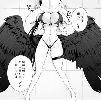 1boy 1girl angel_wings bikini blue_archive boy_on_top breasts breasts_squeezed_together commentary_request cum cum_on_body cum_on_breasts cum_on_upper_body feathered_wings greyscale hasumi_(blue_archive) hasumi_(swimsuit)_(blue_archive) hetero highleg highleg_bikini highres huge_breasts implied_anilingus kurokawa_otogi low_wings lying monochrome official_alternate_costume on_back oversized_wings paizuri reverse_paizuri sitting sitting_on_face sitting_on_person stomach straddling swimsuit thigh_strap translation_request wings