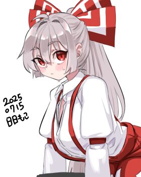 1girl absurdres bent_over blush bow collared_shirt dated dot_nose fujiwara_no_mokou grey_hair hair_between_eyes hair_bow high_ponytail highres neophyte pants partially_unbuttoned ponytail red_bow red_eyes red_pants red_suspenders shirt simple_background solo suspenders sweat touhou white_background white_bow white_shirt