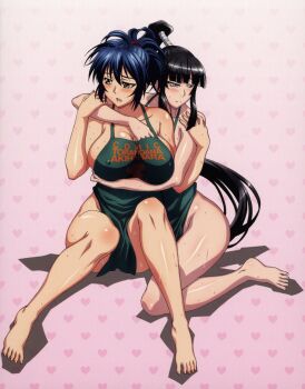 2girls absurdres apron arm_around_neck aroused between_legs black_hair blue_eyes blue_hair blush breasts cleavage covered_erect_nipples embarrassed female_focus flat_chest full_body grabbing_another&#039;s_breast green_apron groping hair_up heart heart_background highres hug in_heat large_breasts legs long_hair manyuu_chifusa manyuu_hikenchou multiple_girls naked_apron nervous_sweating no_bra no_panties open_mouth pink_background ponytail sayama_ouka shiny_skin simple_background size_difference source_request sweat thighs toranoana very_sweaty yellow_eyes yuri