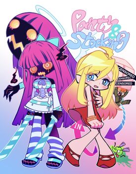 Rule 34 | 1boy, 2girls, blonde hair, blue eyes, blush, bow, breasts, brief (psg), bulge, censored, chuck (psg), crying, dress, embarrassed, erection, erection under clothes, freckles, hair over eyes, hatake (hatanosuke), headphones, highres, jewelry, large breasts, long hair, multicolored hair, multiple girls, open mouth, orange hair, panty &amp; stocking with garterbelt, panty (psg), pink hair, red dress, shy panty (psg), siblings, sisters, sleeveless, sleeveless dress, stocking (psg), striped clothes, thighhighs