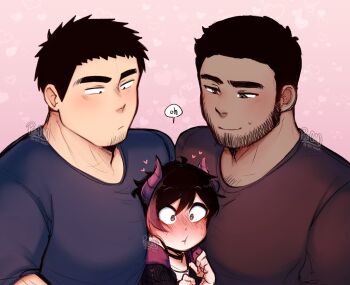 1girl 2boys artist_self-insert bara between_pecs between_pectorals black_hair blush boy_sandwich cheek_bulge chest_hair dark-skinned_male dark_skin demon_horns dracko_(panqlao) facial_hair goatee head_between_pecs hetero horns large_pectorals long_sideburns mature_male multicolored_hair multiple_boys muscular muscular_male original panqlao pectorals sandwiched senpai_ga_uzai_kouhai_no_hanashi shirt short_hair shy sideburns size_difference smile streaked_hair stubble t-shirt takeda_harumi thick_eyebrows upper_body