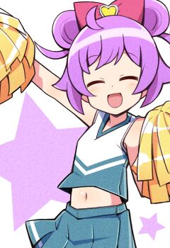 Rule 34 | 1girl, ahoge, aqua shirt, aqua skirt, bow, breasts, cheerleader, closed eyes, crop top, double bun, facing viewer, film grain, hair bow, hair bun, haiteku, highres, holding, holding pom poms, manaka laala, manaka laala (normal), midriff, navel, open mouth, pink bow, pleated skirt, pom pom (cheerleading), pom poms, pretty series, pripara, purple hair, shirt, short hair, skirt, sleeveless, sleeveless shirt, small breasts, smile, solo, two-tone shirt, white background, white shirt