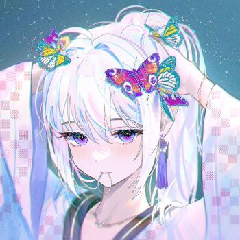 1girl ahoge bug butterfly checkered_clothes checkered_kimono earrings fymrie hair_between_eyes hair_intakes hair_tie ine_(vtuber) insect japanese_clothes jewelry kimono long_hair long_sleeves looking_at_viewer necklace ponytail purple_eyes solo upper_body virtual_youtuber waktaverse white_hair white_kimono wide_sleeves