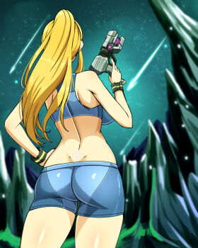 Rule 34 | 1girl, ass, blonde hair, blue shorts, blue sports bra, breasts, commentary, english commentary, facing away, from behind, gun, hand on own hip, high ponytail, highres, holding, holding gun, holding weapon, large breasts, long hair, metroid, metroid fusion, midriff, nintendo, paralyzer, ponytail, samus aran, shooting star, short shorts, shorts, skin tight, sky, solo, sports bra, star (sky), starry sky, super smash bros., weapon, zuchysdraws