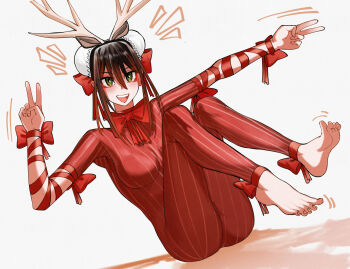 1girl :d absurdres animal_ear_hairband animal_ears antlers ass barefoot blush bodysuit bow bow_choker box breasts brown_hair bun_cover choker deer_antlers deer_ears double_v dutch_angle eyeliner fake_animal_ears fake_antlers fate/grand_order fate_(series) feet green_eyes hair_between_eyes hair_bow hair_ornament hairband hands_up highres horns kamisato_sora knees_up looking_at_viewer makeup medium_breasts medium_hair open_mouth qin_liangyu_(fate) red_bodysuit red_bow red_eyeliner red_ribbon ribbon simple_background sitting smile solo teeth toes upper_teeth_only v vertical-striped_bodysuit white_background wiggling_toes
