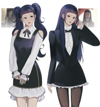 1girl anime_screenshot_inset artist_name black_bow black_bowtie black_dress black_jacket black_pantyhose black_ribbon black_skirt black_trim blue_hair bow bowtie brown_eyes center_frills closed_mouth clothing_cutout commentary cowboy_shot dress earrings english_commentary fashion frilled_dress frilled_shirt_collar frilled_skirt frilled_sleeves frills gold_trim hair_over_shoulder hand_to_head hayasaka_yukari highres hime_cut jacket jewelry long_hair long_sleeves looking_ahead looking_at_viewer neck_ribbon pantyhose paradise_kiss puffy_long_sleeves puffy_sleeves ribbon screenshot_inset shirt short_bangs short_dress shoulder_cutout skirt sleeve_ribbon square_neckline straight_hair stud_earrings tenartistt twintails two-tone_dress v_arms watermark white_background white_dress white_shirt