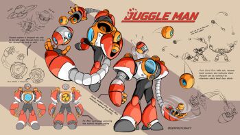 Rule 34 | 1boy, 2025, artist name, ball, character name, commentary, disembodied head, electric fan, english commentary, english text, full body, highres, joints, juggling, male focus, mega man: dual override, mega man (classic), mega man (series), mega man robot master design contest, multiple views, reference sheet, robot joints, sdwhitcraft, simple background, turnaround, wind