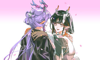 Rule 34 | 2girls, arknights, black hair, black hands, black jacket, bow-shaped hair, chinese clothes, chinese commentary, colored extremities, commentary request, earrings, falling petals, fan mu zhang, from behind, hair ornament, highres, jacket, jacket on shoulders, jewelry, jie (arknights), jun (arknights), long hair, long sleeves, looking at another, mark under both eyes, multicolored hair, multiple girls, open mouth, orange hair, parted lips, petals, pointy ears, purple hair, short hair, siblings, simple background, sisters, smile, streaked hair, tassel, tassel earrings, teeth, upper body, upper teeth only