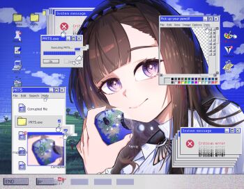 1girl arknights black_hairband brown_hair cursor desktop_(computing) diamond-shaped_pupils diamond_(shape) doctor_(arknights) globe hairband highres holding_globe icon_(computing) light_smile long_hair looking_at_viewer priestess_(arknights) purple_eyes shirt solo symbol-shaped_pupils upper_body white_shirt window_(computing) zobnuy