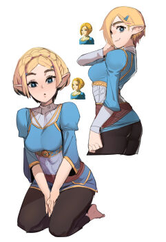 Rule 34 | 1girl, absurdres, alternate hairstyle, barefoot, black pants, blonde hair, blue eyes, blue shirt, braid, breasts, closed mouth, commentary request, cropped legs, crown braid, gold trim, hair ornament, hair over one eye, hairclip, highres, juliet sleeves, long sleeves, medium breasts, multiple views, nintendo, pants, parted lips, pointy ears, princess zelda, puffy sleeves, reference inset, seiza, shirt, sho-n-d, short hair, simple background, sitting, smile, the legend of zelda, the legend of zelda: tears of the kingdom, white background