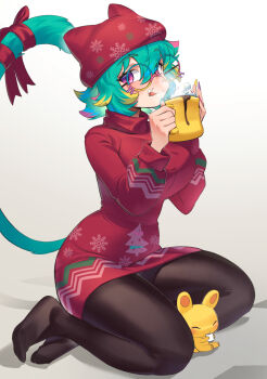 1girl animal_ears bow breasts cat_ears cat_girl cat_tail colored_tips cup drinking eveningcontemplation green_hair hat highres hot_chocolate legs looking_at_viewer mug multicolored_hair multicolored_nails pantyhose pink_eyes red_hat red_sweater rosedoodle_(vtuber) sweater tail tail_bow tail_ornament vchiban virtual_youtuber white_background
