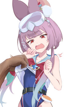 1boy 1girl animal_ears blue_one-piece_swimsuit blue_sailor_collar clothes_lift commentary_request covered_navel cowboy_shot fang goggles goggles_on_head hands_up karin_(stella_sora) lifting_another's_clothes long_hair one-piece_swimsuit open_mouth out_of_frame purple_hair rabbit_ears red_eyes sailor_collar shirt_lift skin_fang solo_focus stella_sora suezu1022 swim_goggles swimsuit