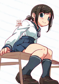 1girl alternate_eye_color black_socks blue_eyes blue_neckerchief blue_skirt blush brown_hair brown_shoes commentary_request dated from_behind from_side fubuki_(kancolle) green_sailor_collar high-waist_skirt highres kantai_collection kneehighs kutone_shirika loafers long_sleeves looking_at_viewer low_ponytail medium_hair neckerchief pleated_skirt ponytail sailor_collar school_uniform serafuku shirt shoes sidelocks sitting skirt smile socks solo thighs twitter_username watermark white_background white_shirt