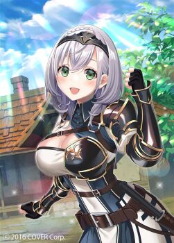 1girl :d armor armored_dress belt belt_pouch black_gloves blue_sky breasts brown_belt chest_guard cleavage cleavage_cutout clothing_cutout cloud collared_dress commentary_request copyright_notice day double-parted_bangs dress fingerless_gloves gloves green_eyes grey_hair hairband half_crown_braid hand_up hololive large_breasts leather_belt looking_at_viewer medium_hair official_art open_mouth outdoors pauldrons popompon pouch puffy_sleeves shirogane_noel shirogane_noel_(1st_costume) shoulder_armor single_pauldron sky smile solo tabard vambraces virtual_youtuber wavy_hair