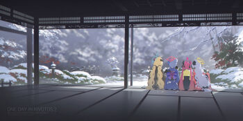 Rule 34 | 4girls, akari (blue archive), akari (new year) (blue archive), black bow, black horns, black kimono, blonde hair, blue archive, blue halo, bow, commentary, demon horns, from behind, grey hair, hair bow, hair bun, halo, haruna (blue archive), haruna (new year) (blue archive), hennnachoco, highres, horns, izumi (blue archive), izumi (new year) (blue archive), japanese clothes, junko (blue archive), junko (new year) (blue archive), kimono, long hair, multiple girls, nature, obi, purple kimono, red hair, red halo, red kimono, sash, scenery, sitting, snow, tree, twintails, yellow halo, yellow kimono, yukata