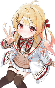 1girl absurdres ahoge black_thighhighs blonde_hair commentary_request fortissimo frilled_jacket frills hair_ornament highres hololive hololive_dev_is jacket korean_commentary loloco looking_at_viewer musical_note musical_note_hair_ornament otonose_kanade red_eyes simple_background sitting smile solo sparkle thigh_strap thighhighs virtual_youtuber white_background white_jacket