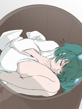 Rule 34 | 1girl, akira creative, barefoot, beads, bucket, closed eyes, commentary request, curled up, fetal position, full body, green hair, hair beads, hair ornament, highres, in bucket, in container, japanese clothes, kimono, kisume, knees, long sleeves, lying, on side, one-hour drawing challenge, solo, thighs, touhou, white background, white kimono, x-ray