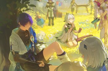 4boys 4girls against_tree anemo_symbol_(genshin_impact) anklet aqua_gem aranara_(genshin_impact) ararycan_(genshin_impact) arm_guards armlet armor arms_at_sides balloon belt bent_over black_belt black_bodysuit black_boots black_bow black_bridal_gauntlets black_coat black_hood black_pants black_shorts black_shrug black_sleeves black_tail blonde_hair blue_cape blue_kimono blue_sleeves blunt_ends bodysuit boots bow box bracelet braid bridal_gauntlets brown_halo brown_scarf bunting cape chest_jewel choppy_bangs closed_eyes closed_mouth coat coattails crate creature cross-shaped_pupils crossed_bangs crystal cyno_(genshin_impact) detached_sleeves diamond_hair_ornament dragon_boy dragon_tail dress durin_(genshin_impact) eyelashes eyeliner eyeshadow facing_another facing_down falling_leaves feathers finger_to_mouth flower flower_wreath gem genshin_impact gift gift_box gladiator_sandals gloves gold gold_ring gold_trim grass green_cape green_eyes green_hair green_sleeves hair_between_eyes hair_flower hair_ornament hakama hakama_shorts half_crown_braid halo hand_on_own_thigh hands_up heart-shaped_gem highres holding holding_gift holding_party_popper holding_table holding_wreath index_finger_raised japanese_armor japanese_clothes jewelry jlypih juban kimono knee_up kote kurokote layered_sleeves leaf leaf_hair_ornament leg_warmers long_braid long_hair long_sleeves looking_down lumine_(genshin_impact) makeup mandarin_collar mechanical_halo middle_ring multicolored_hair multiple_boys multiple_girls nahida_(genshin_impact) open_clothes open_coat open_collar open_kimono original outdoors paimon_(genshin_impact) pants party_popper pelvic_curtain pleated_shorts pointy_ears pom_pom_(clothes) ponytail_holder purple_hair purple_rope purple_sash purple_vest red_eyeliner red_eyes red_eyeshadow red_gemstone rope sandals sash scaramouche_(genshin_impact) scarf seiza sethos_(genshin_impact) shirt short_hair short_sleeves shorts shrug_(clothing) side_ponytail sidelocks sideways_glance single_braid sitting sleeping smile standing stirrup_legwear streaked_hair symbol-shaped_pupils table tail tailcoat tareme tassel toeless_legwear tree twitter_username vest wanderer_(genshin_impact) watermark white_dress white_flower white_gloves white_hair white_kimono white_leg_warmers white_pants white_shirt white_sleeves white_trim wing_ornament yellow_feathers