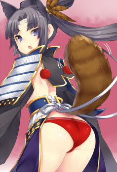 1girl armor ass back black_hair blue_eyes blush butt_crack fate/grand_order fate_(series) female_focus hat japanese_armor kusazuri looking_at_viewer looking_back open_mouth panties pom_pom_(clothes) ponytail raccoon_tail red_panties revealing_clothes shoulder_armor sode solo tail torimaru underwear ushiwakamaru_(fate) ushiwakamaru_(third_ascension)_(fate)