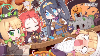 4girls animal_ear_headphones animal_ears aris_(blue_archive) bandages black_hair blonde_hair blue_archive blue_eyes board_game candy cat_ear_headphones cat_ears commentary_request cosplay d20_(die) dice dutch_angle fake_animal_ears fangs food forehead game_development_department_(blue_archive) green_eyes green_halo hair_between_eyes halloween_costume halo headphones highres jack-o'-lantern long_hair long_hair_between_eyes midori_(blue_archive) momoi_(blue_archive) multiple_girls mummy_costume official_art open_mouth orange_halo polyhedral_dice red_hair tabletop_rpg vampire_costume yuzu_(blue_archive)