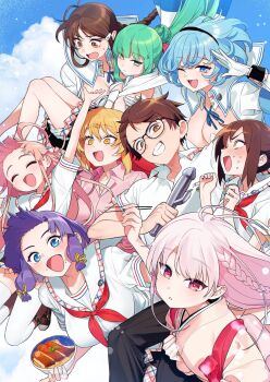 1boy 6+girls black_hairband blonde_hair blue_eyes blue_hair blush bowl breasts brown_hair carrying cloud cloudy_sky dildo everyone food glasses gloves green_eyes green_hair hairband hairclip highres holding holding_bowl holding_sex_toy hotori_misaki japanese_clothes katagiri_nanase kimono kotoyose_fumino large_breasts looking_at_viewer mameojitan medium_breasts multiple_girls nukigee_mitai_na_shima_ni_sunderu_watashi_wa_dou_surya_ii_desu_ka? onabuta_ikuko parallel_hairclips pink_hair pink_shirt princess_carry purple_hair reizeiin_touka sex_toy shirt sky smile surprised tachibana_asane tachibana_junnosuke tadasugawa_rei white_gloves white_shirt yellow_eyes