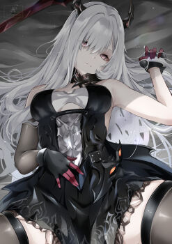 1girl absurdres bed berenica_(duet_night_abyss) black_gloves black_horns breasts chark14 closed_mouth commentary duet_night_abyss elbow_gloves gloves hair_spread_out hand_on_own_stomach hand_up highres horns long_hair looking_at_viewer lying medium_breasts on_back on_bed red_eyes single_elbow_glove solo spread_legs sword thighs weapon white_hair
