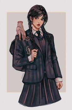 1girl 1other asayris_art black_bag black_eyes black_hair black_jacket black_nails black_necktie black_skirt black_sweater braid closed_mouth collared_shirt cowboy_shot cropped_legs disembodied_hand freckles grey_background hand_on_another&#039;s_shoulder jacket long_hair nail_polish necktie pleated_skirt scar scar_on_hand school_uniform shirt skirt striped_clothes striped_jacket suit_jacket sweater the_addams_family thing_(the_addams_family) twin_braids wednesday_(netflix) wednesday_addams white_shirt