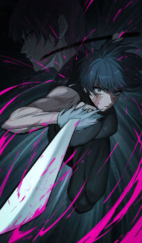 1boy 1girl absurdres black_hair black_pants black_shirt blood blue_hair breasts brown_eyes burn_scar closed_mouth commentary commentary_request dynamic_pose english_commentary full_body fushiguro_touji highres holding holding_sword holding_weapon jujutsu_kaisen large_breasts looking_at_viewer mixed-language_commentary muscular muscular_female oro_(lsg0624) pants parted_lips pink_blood scar scar_on_arm scar_on_face shirt short_hair sleeveless sleeveless_shirt solo_focus swept_bangs sword uneven_eyes v-shaped_eyebrows weapon zen'in_maki zen'in_maki_(post_shibuya)