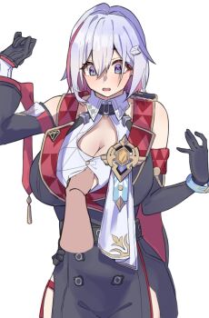 1girl arm_between_breasts asymmetrical_gloves between_breasts black_gloves breasts button_gap colored_inner_hair gloves grey_hair honkai:_star_rail honkai_(series) multicolored_hair pov pov_hands purple_eyes red_hair streaked_hair topaz_(honkai:_star_rail) uneven_gloves ynfkin