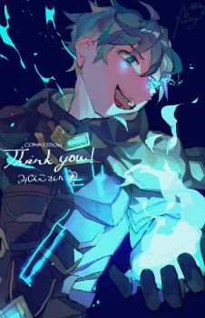 1boy ahoge armor black_gloves blue_background blue_eyes blue_fire blue_hair breastplate cape commentary_request commission fire gloves grey_cape highres idolmaster idolmaster_side-m looking_afar male_focus open_mouth shinjitsu_no_kuchi short_hair simple_background skeb_commission smile solo taiga_takeru upper_body