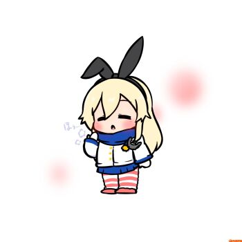 Rule 34 | 1girl, anchor hair ornament, black hairband, blonde hair, blue skirt, chibi, closed eyes, commentary request, full body, hair ornament, hairband, highres, jacket, kantai collection, long hair, pleated skirt, radical bullet, shimakaze (kancolle), skirt, solo, striped clothes, striped thighhighs, thighhighs, white jacket
