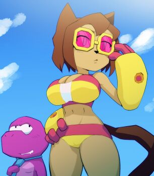 alternate_costume animal_ears bikini breasts brown_hair cat_ears cat_girl cat_tail curvy dinosaur furry furry_female gameoverse gez1313 gobbles_(gameoverse) highres huge_breasts kit_bodega large_breasts lowleg lowleg_bikini official_alternate_costume short_hair sunglasses swimsuit tail thick_thighs thighs wide_hips
