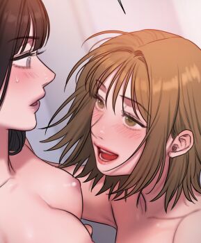 Rule 34 | 2girls, bad thinking diary, black hair, blush, breasts, brown eyes, brown hair, commentary request, grey eyes, highres, kang yuna (bad thinking diary), kim minji (bad thinking diary), multiple girls, nipples, nude, parted lips, rangrarii, short hair, yuri